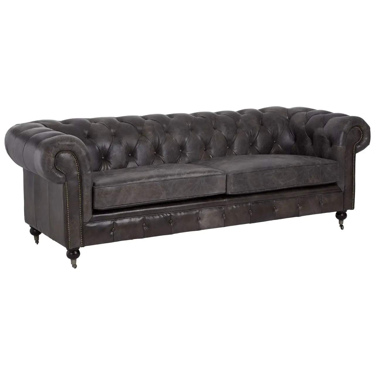 aRmanica CHIRCHILL DARK GREY LEATHER CHESTERFIELD THREE SEAT SOFA