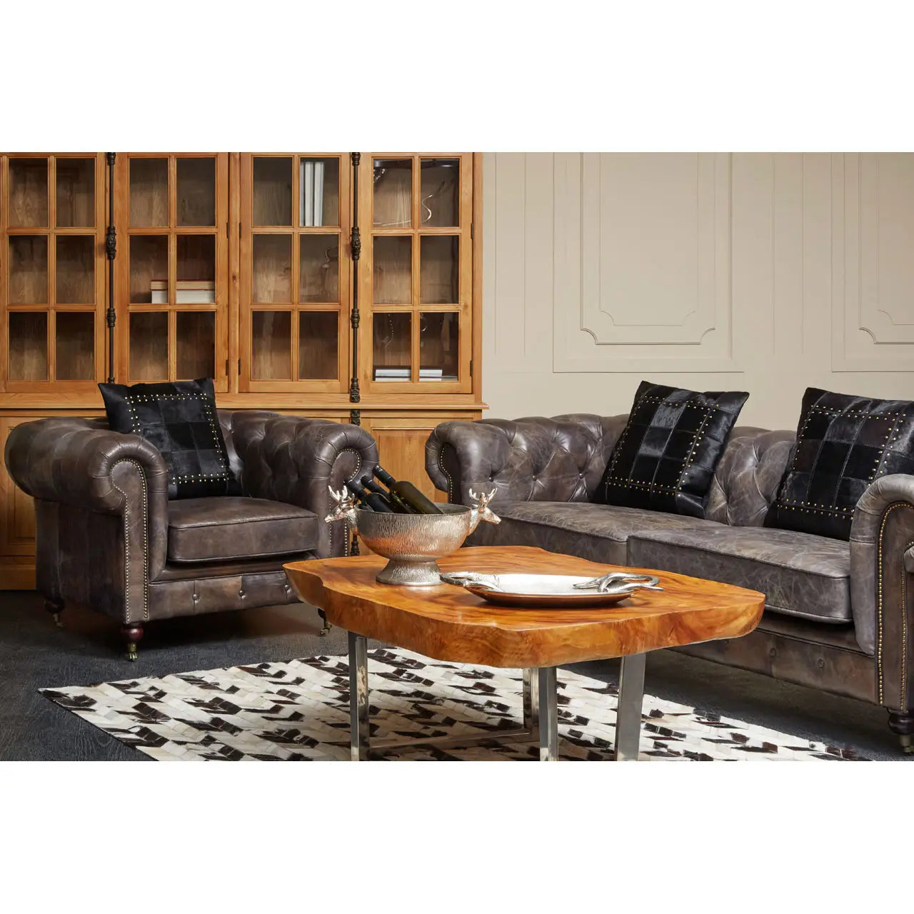 aRmanica CHIRCHILL DARK GREY LEATHER CHESTERFIELD THREE SEAT SOFA