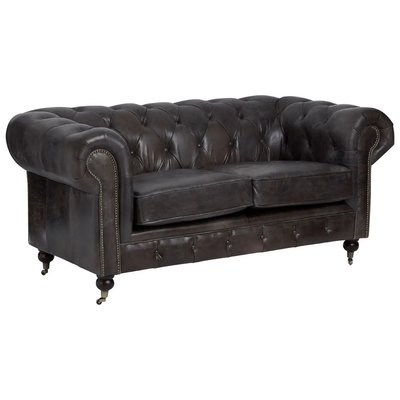 aRmanica CHIRCHILL DARK GREY LEATHER CHESTERFIELD TWO SEAT SOFA