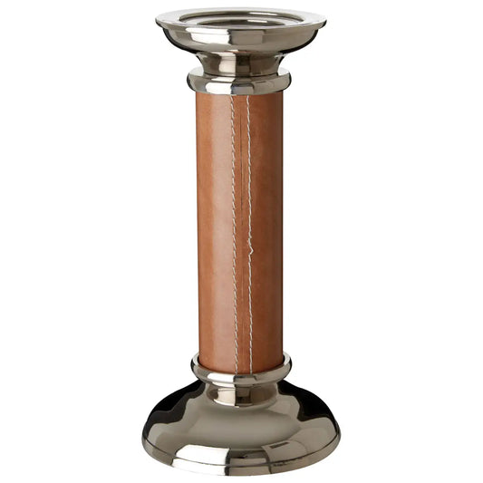 aRmanica WINSTON GENUINE TAN LEATHER TALL CANDLE HOLDER