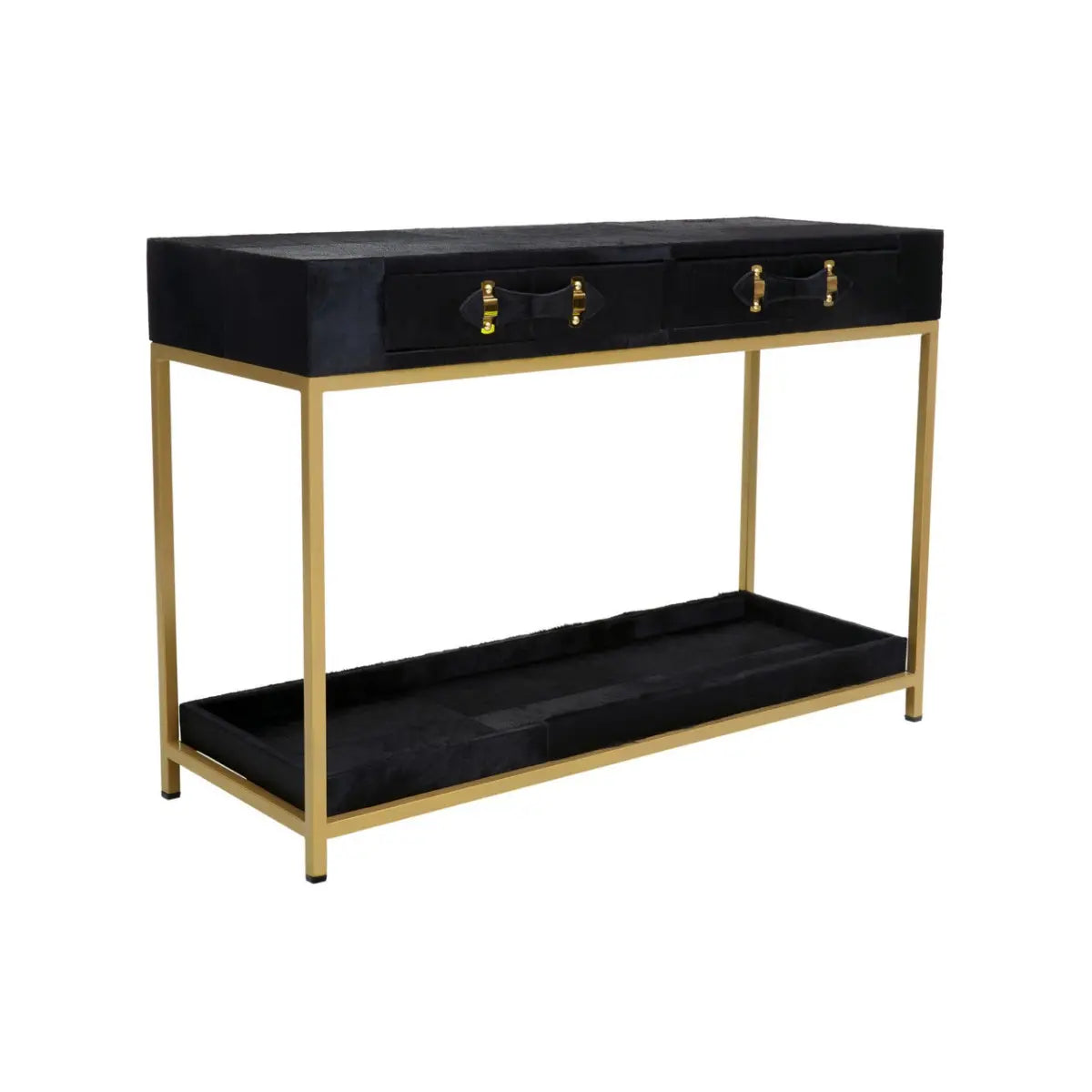 aRmanica KENSINGTON TOWNHOUSE HAIR ON HIDE BLACK AND GOLD CONSOLE TABLE