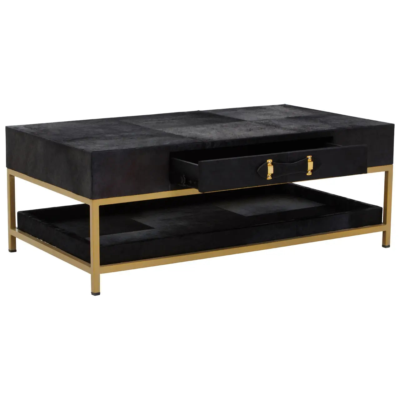 aRmanica MAYFAIR TOWNHOUSE HAIR ON HIDE BLACK AND GOLD COFFEE TABLE