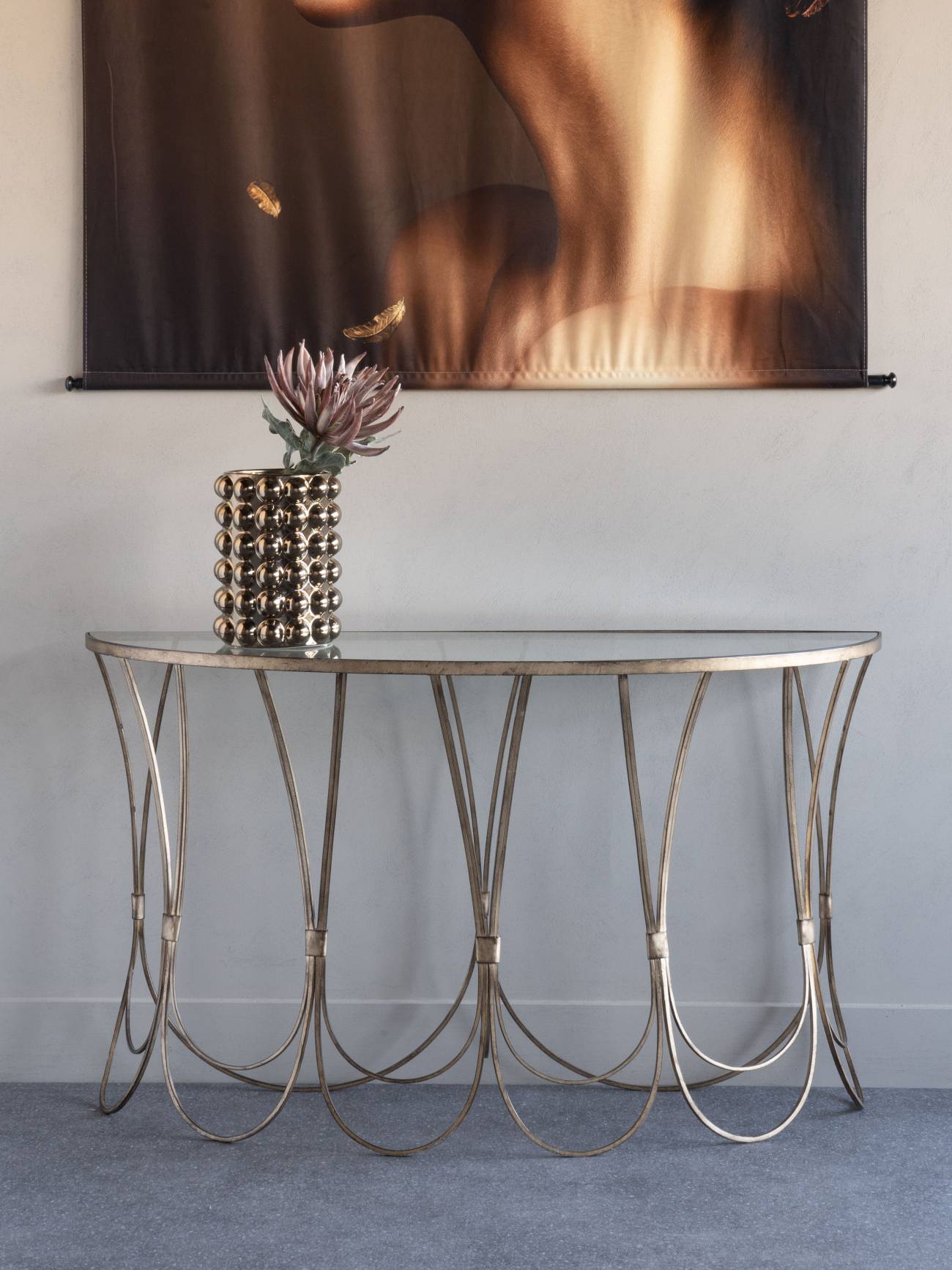 aRmanica Champagne Iron Console Table With Scallop Detail