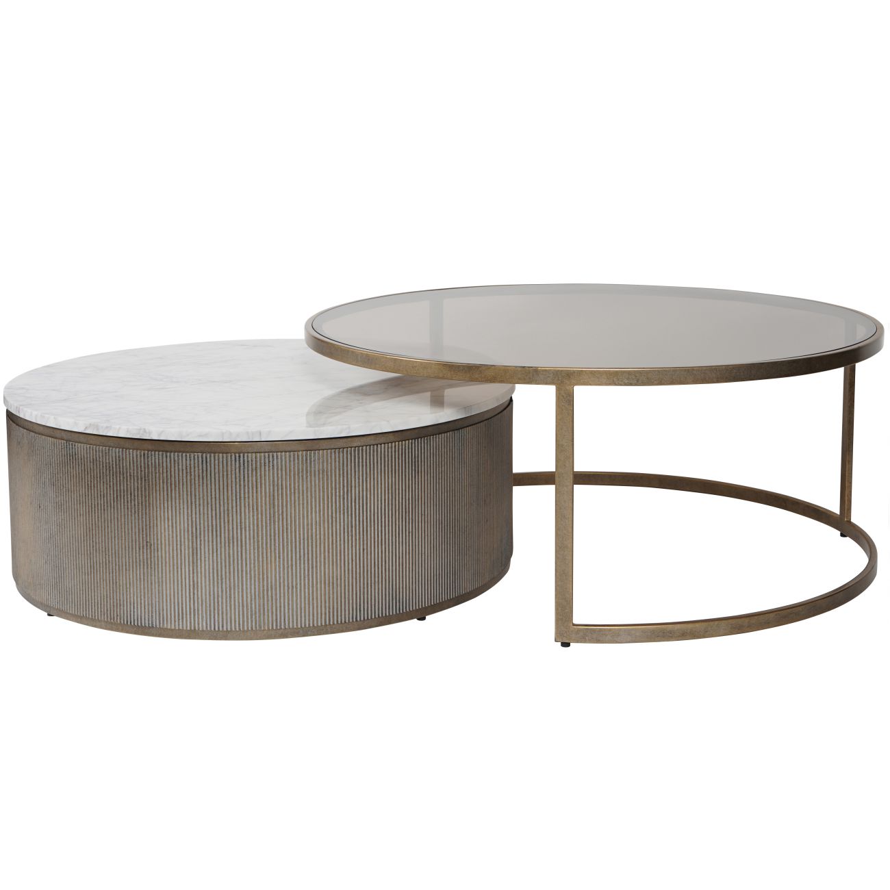 aRmanica Belvedere Aged Gold Set of 2 Nesting Coffee Tables with Marble and Tinted Glass