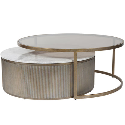 aRmanica Belvedere Aged Gold Set of 2 Nesting Coffee Tables with Marble and Tinted Glass