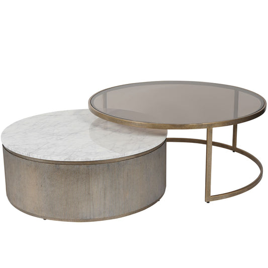 aRmanica Belvedere Aged Gold Set of 2 Nesting Coffee Tables with Marble and Tinted Glass