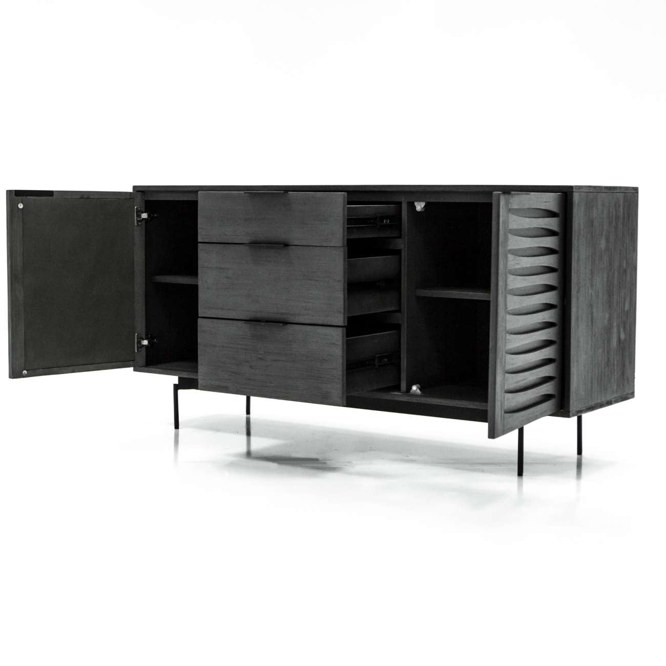 aRmanica Bronks Black Acacia Buffet Cabinet with Two Doors and Three Drawers