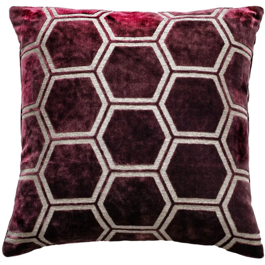 aRmanica Hexagon Cut Velvet Aubergine Cushion