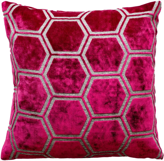 aRmanica Hexagon Cut Velvet Fuschia Cushion