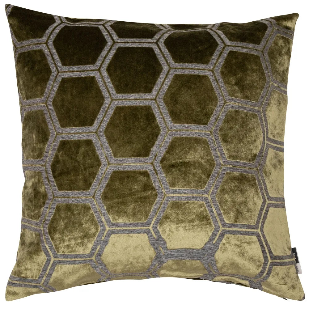 aRmanica Hexagon Cut Velvet Textured Olive Cushion