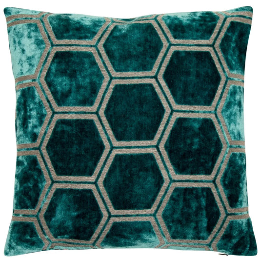 aRmanica Hexagon Cut Velvet Teal Cushion